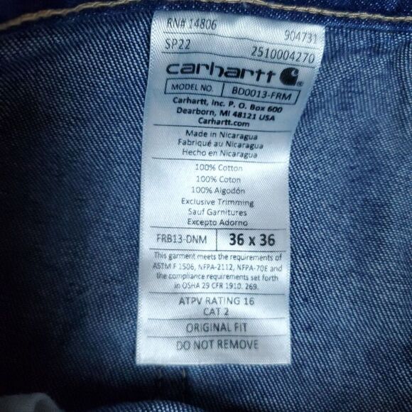 Carhartt FR Jeans Mens 36x36 Blue Denim Flame Resistant Workwear Pants CAT 2 - Picture 3 of 15